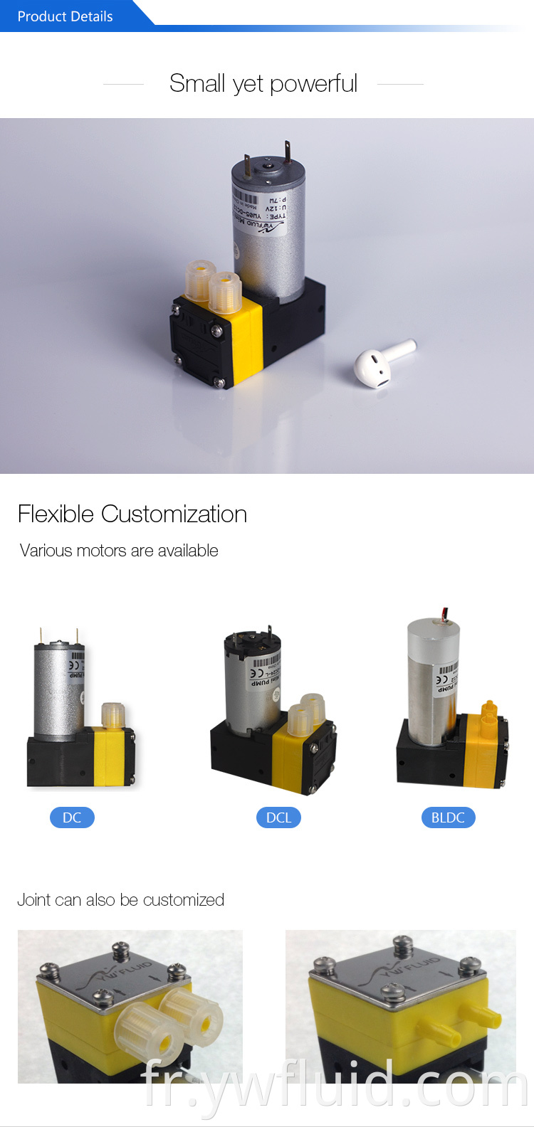 Micro 12V / 24V Pompe à air DC à grand débit avec résistance à haute température et minuscule vibration-yw05a-dc